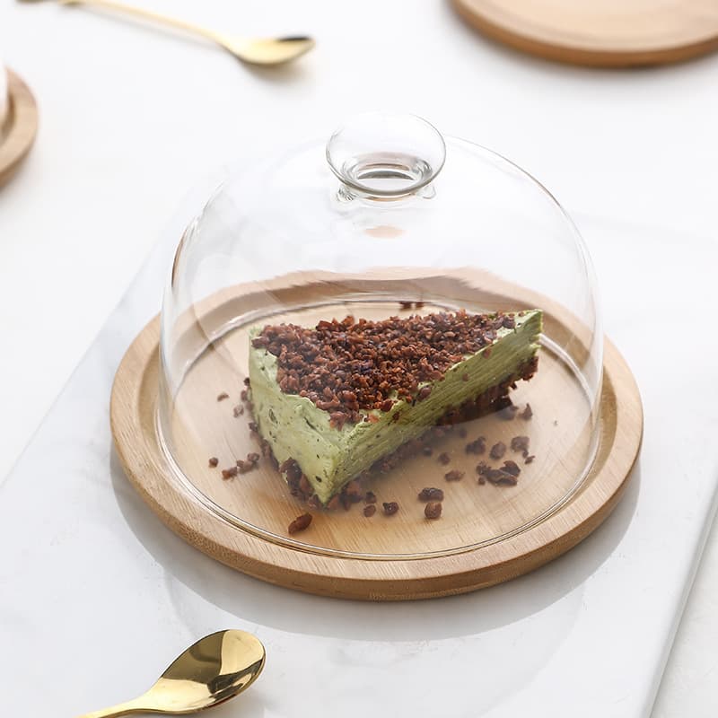 Transparent Dust-Proof Cake Glass Lid New Nordic Style Cake Plate Dessert Stand Simple Bamboo Wood Tray with Lid Fruit Plate