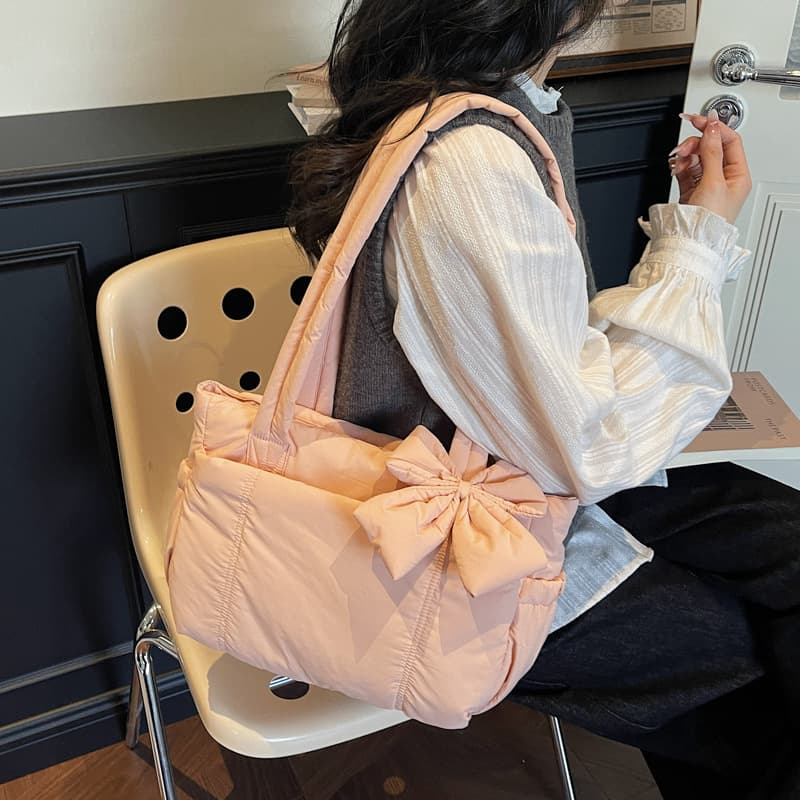 Bow-Knot Girl Handbag 2025 New Simple Nylon Cloth Casual Shoulder Bag Large Capacity Versatile Commuter Bag