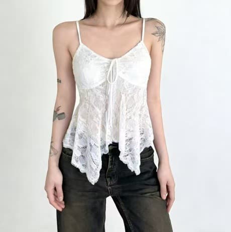 American Retro Sexy Lace Trim Slim Camisole Tank Top Sheer Pure Desire Inner Wear Outerwear Women's Top