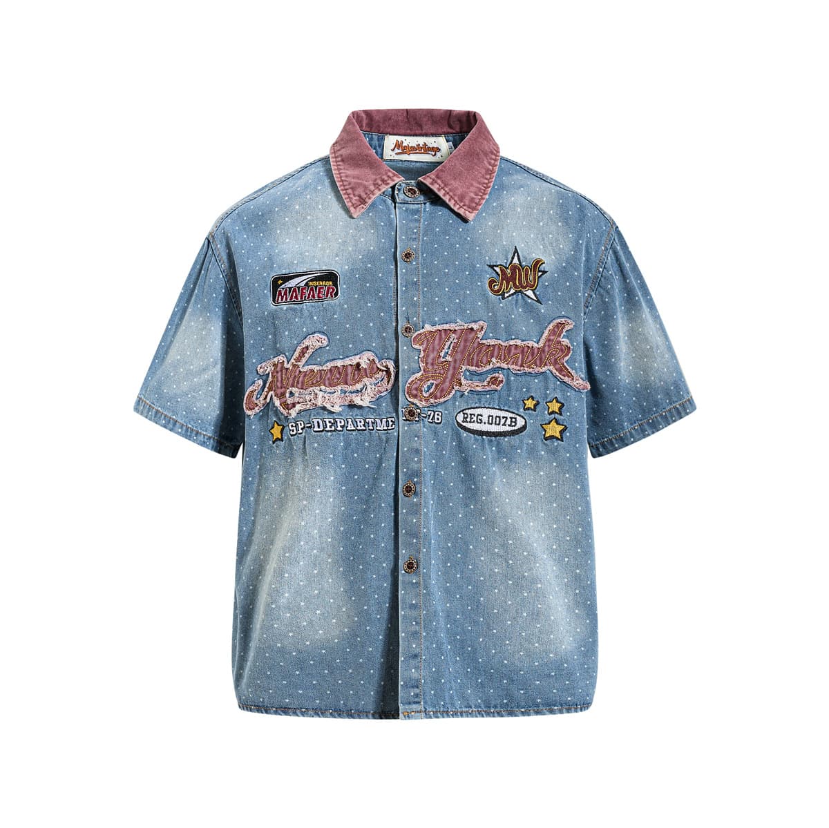 American Retro Summer Washed Polka Dot Letter Embroidery Denim Short Sleeve Shirt for Men and Women Contrast Color Loose Casual Top