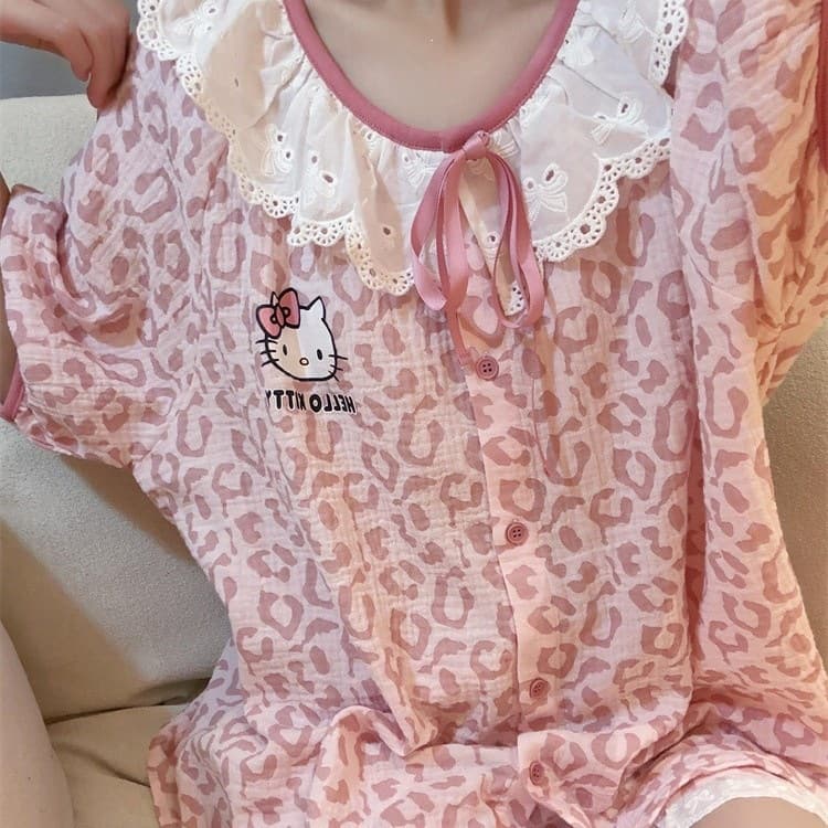 Wearable Outside Leopard Print Student Lace Trim Women Summer Short Sleeve Shorts Pajamas Round Neck Loungewear Pink Set