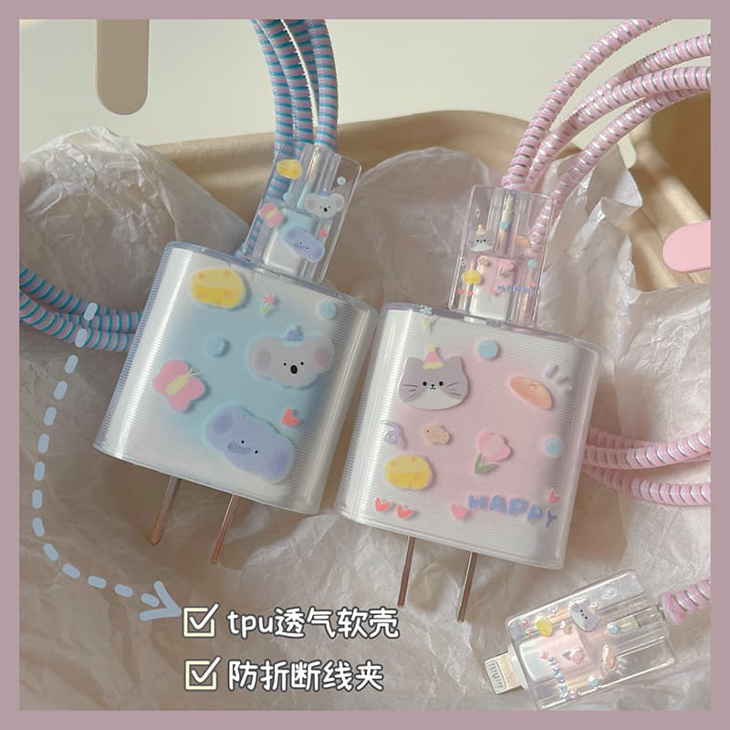 Gradient cat and elephant data cable protective case for iPhone 15/iPad fast charging protective case with wrapping rope