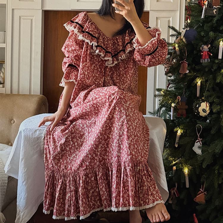 Retro floral sweet princess style nightgown, spring and autumn wearable French fairy style cotton lace nightgown
