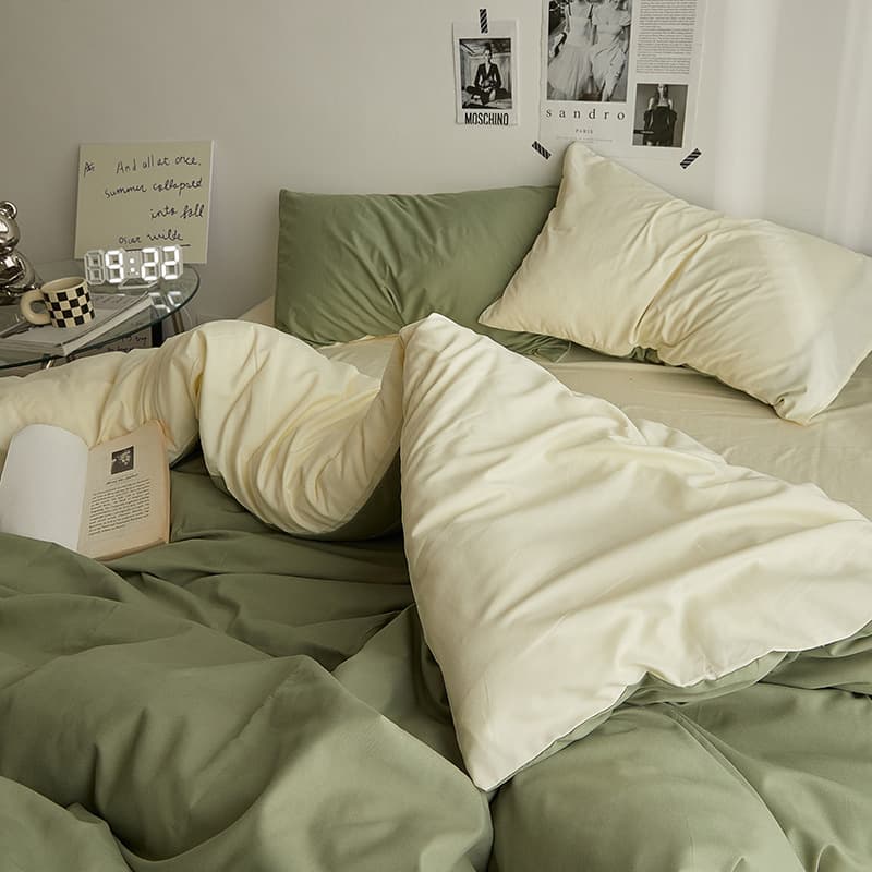 Bedding Set Ins Four-Piece Set Washed Pure Cotton Dormitory Fitted Sheet Duvet Cover Solid Color Two-Tone Simple Bed Sheet Three-Piece Set