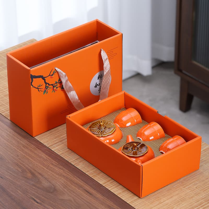 Dehua Red Ceramic Gift Tea Set Porcelain Persimmon Auspicious Set Gift Box Chinese Style for Home and Office