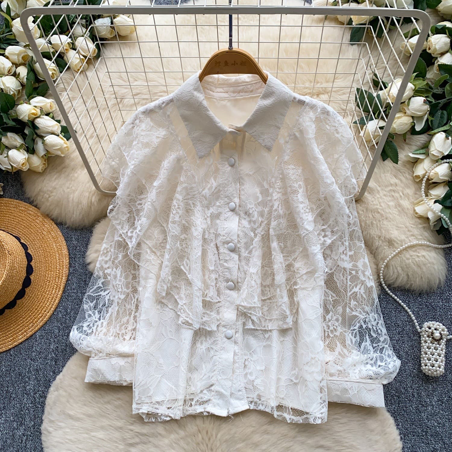 French Commute Style Pink Skin-Friendly Breathable Lace Shirt Women's Summer Long Sleeve Cardigan Loose Fit Elegant Top