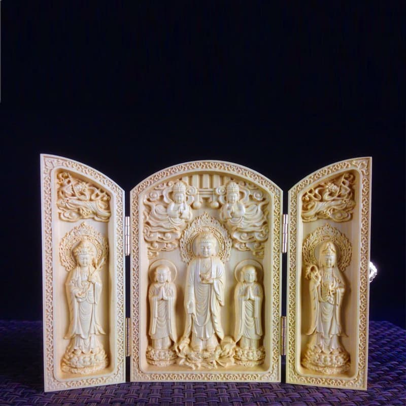 Manufacturer wholesale wooden crafts ornaments, boxwood carved flat Buddha statues, three-open box Western three saints business gifts
