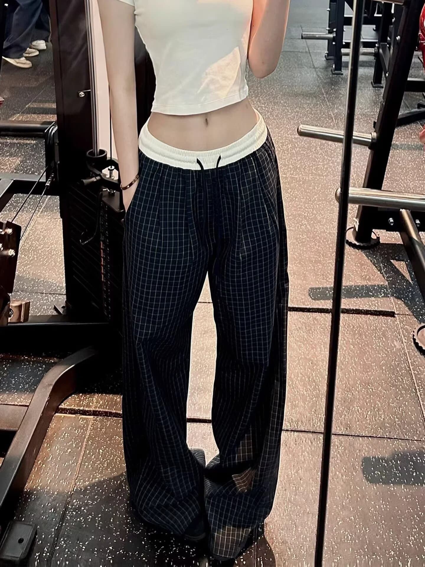 175 Tall Extended 180 Textured Casual Pants for Women Spring Autumn Long Pants Loose Drawstring Plaid Lounge Floor-Length Pants