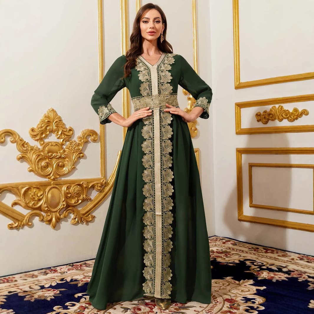 Elegant Vintage Lace Dress with Arab Waist Belt for Women Long Sleeve V-Neck Gown in Green Color from Dubai Middle East