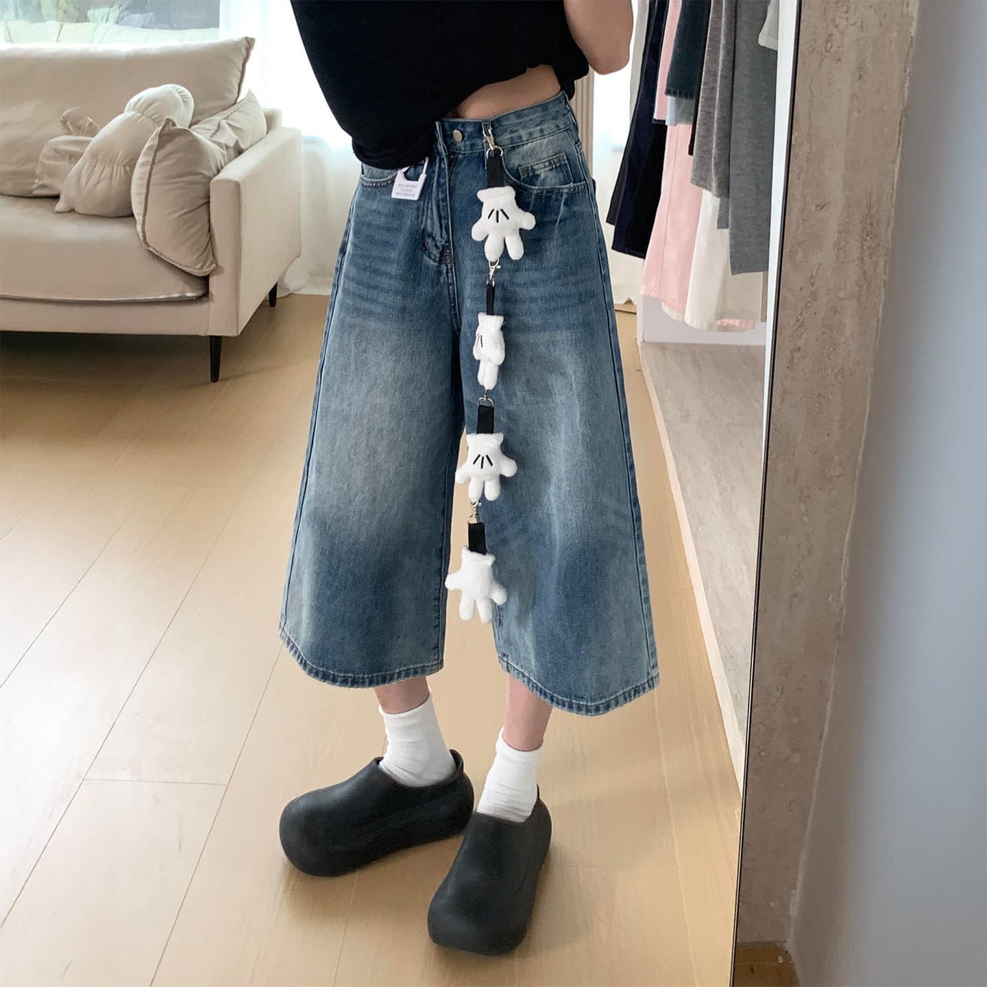 Spring New Blue Denim Capri Pants for Pear-Shaped Women Plus Size High-Waist Loose Fit Slimming Wide-Leg Shorts