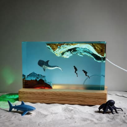 Cross-Border Popular Resin Lamp, Square-Shaped Whale Shark and Diver Adventure Resin Lamp, Personalized Desktop Night Light Gift
