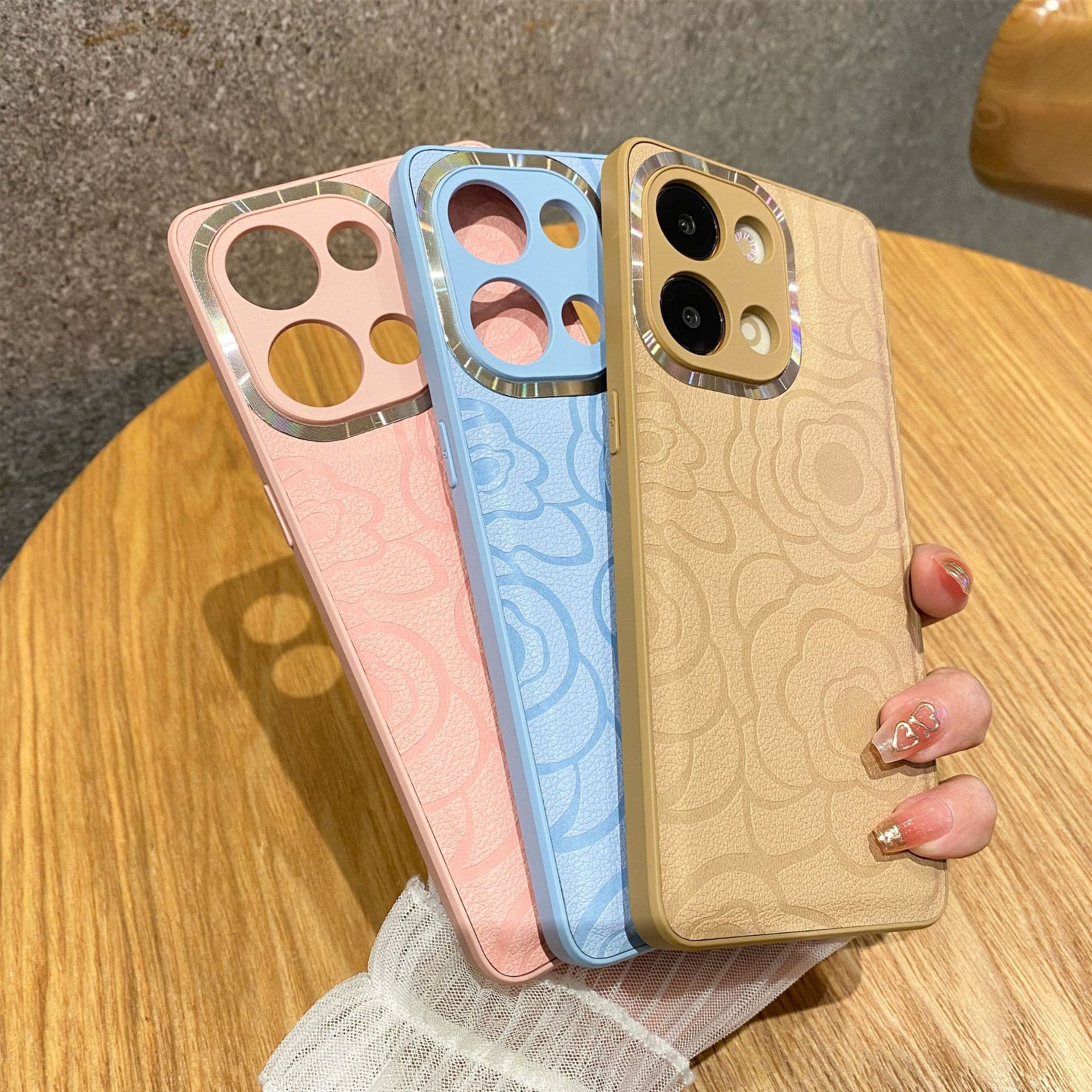 Compatible with OPPO Reno15 Camellia Leather Texture Phone Case, Find X9 Metal Ring Lens Full Coverage A6 PRO Hard Case