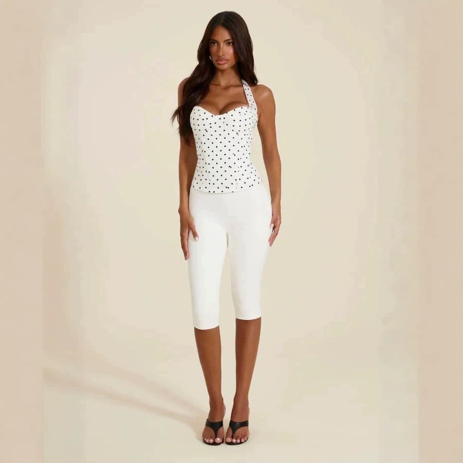 Polka Dot Short Halter Crop Top, Cross-Back Tie Waist Shaping, Wear Inside or Outside Strap Top