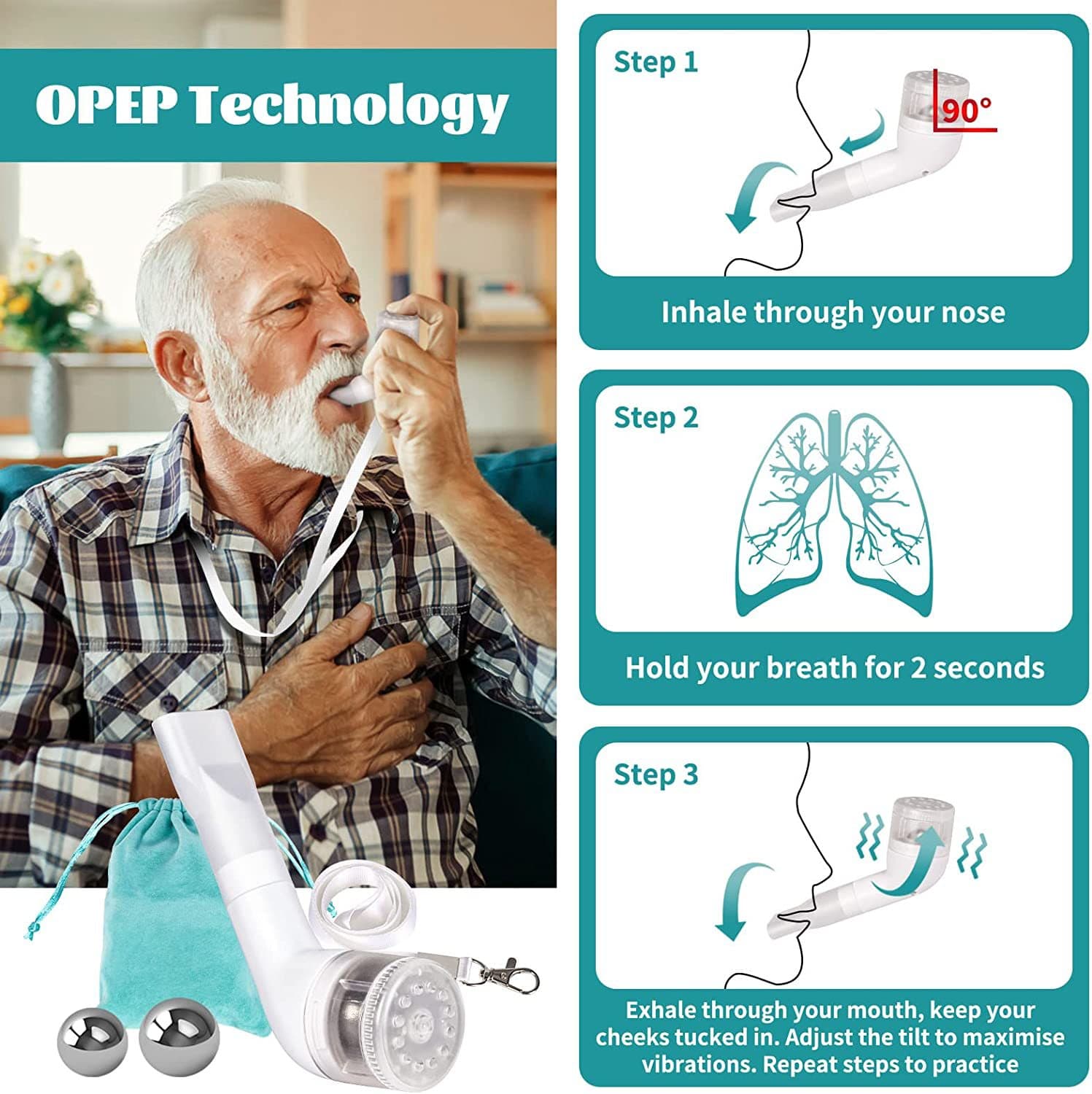 OPEP Breathing Trainer, Respirator Muscle Trainer, Mucus Clearance, Improves Lung Blood Oxygen