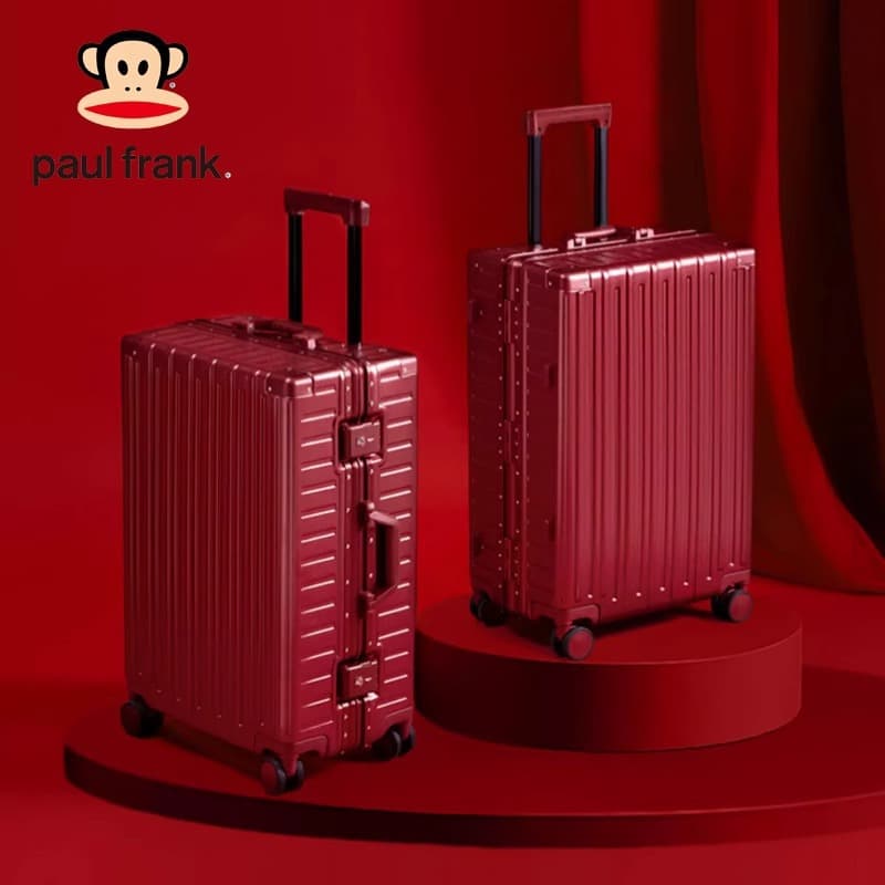 Big-mouthed monkey red wedding aluminum frame suitcase 20-inch dowry trolley box bride dowry dark red suitcase