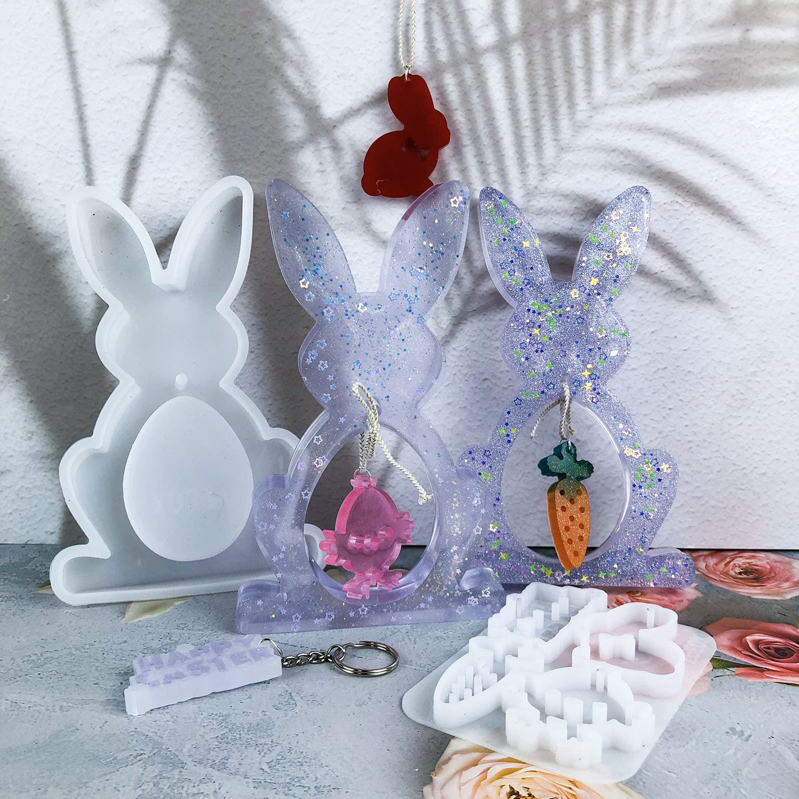 X0377+X0397 Front Face Rabbit Ornament Hanging Ring + Rabbit Core Pendant Decoration Mold DIY Silicone Mold