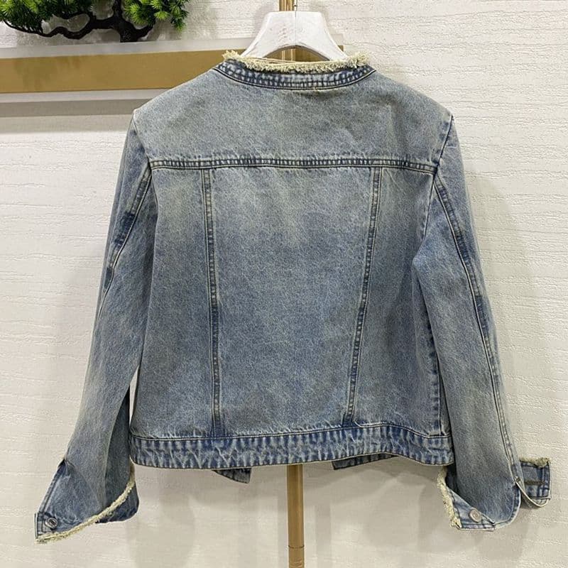 Designer Frayed Denim Jacket for Women 2023 Spring Autumn New Heavy-Duty Rhinestone Embellished High-End Denim Jacket