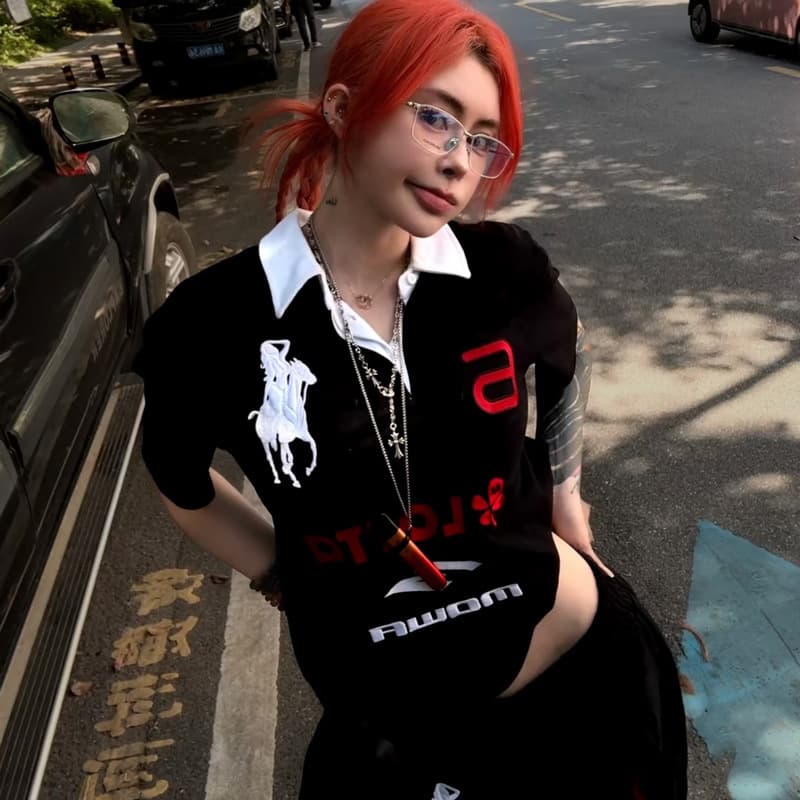 Cortis Martin's same sweet and cool hot girl style angel war horse embroidered Polo shirt American loose casual short-sleeved summer