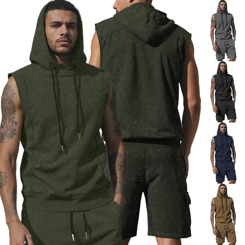 Cross-border EU/US Amazon TEMU New Distressed Casual Sports Shorts Elastic Set Hooded Men's Sleeveless Sweatshirt