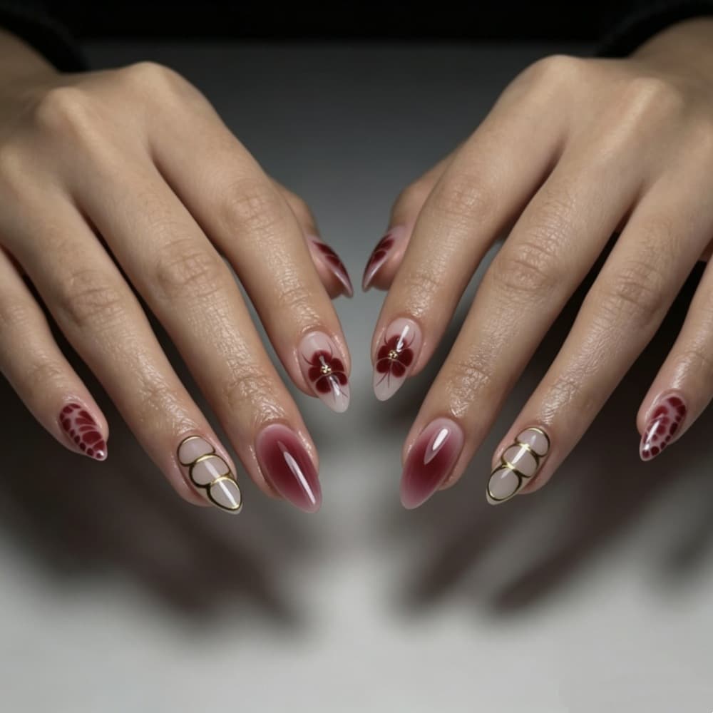 Foreign Trade Cross-Border Hot-Selling Five-Petal Flower Press-On Nails, Medium and Short Styles, Popular in Europe and America, Almond-Shaped Press-On Nails Wholesale