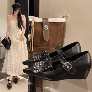 Vintage Tassel Mary Jane Bow Flat Shoes for Women 2026 Summer New Collection Buckle Wedge Heel Black High-Heel Shoes