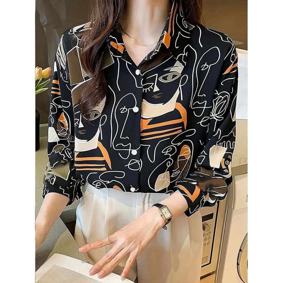 Commute Long Sleeve Shirt European American Spring Summer Printed Turn-Down Collar Holiday Women's Cross-Border Fashion Casual Ladies One Piece Minimum Order