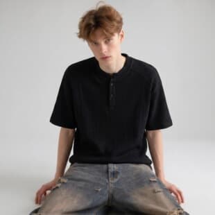 Henley Neck Textured Short Sleeve T-Shirt Men's Summer New Trend Streetwear Loose Stand Collar Slim Fit Thin