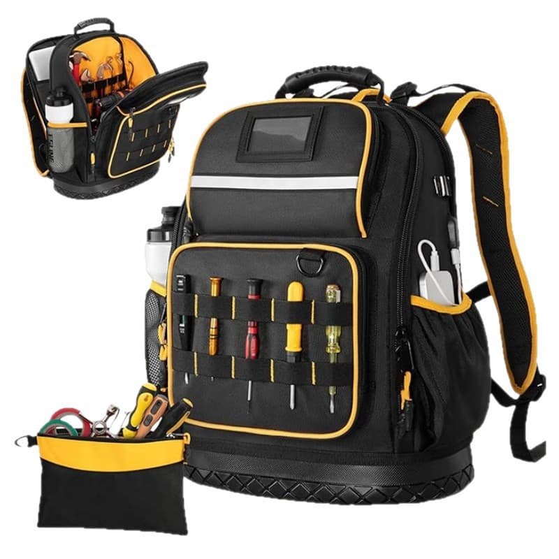 Oxford Cloth Tool Backpack with Hard Bottom Tool Bag Heavy Duty Tool Bag with Multiple Pockets and Laptop Sleeve
