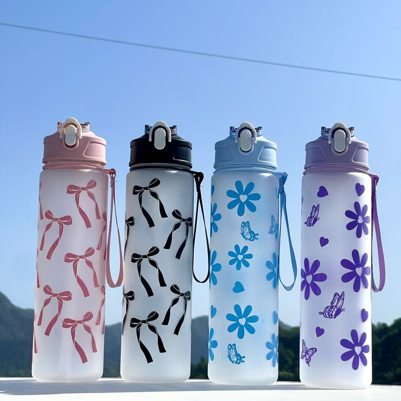 2026 New Cross-Border 800ML Plastic Cup, Fresh and Cute Female Student Cup, Frosted Bow and Flower Pattern Water Bottle