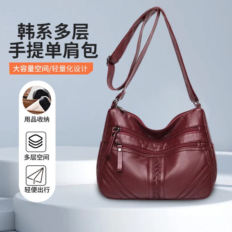 New Korean-style multi-layer handbag, soft leather, large capacity, fashionable women's handbag, lightweight for travel