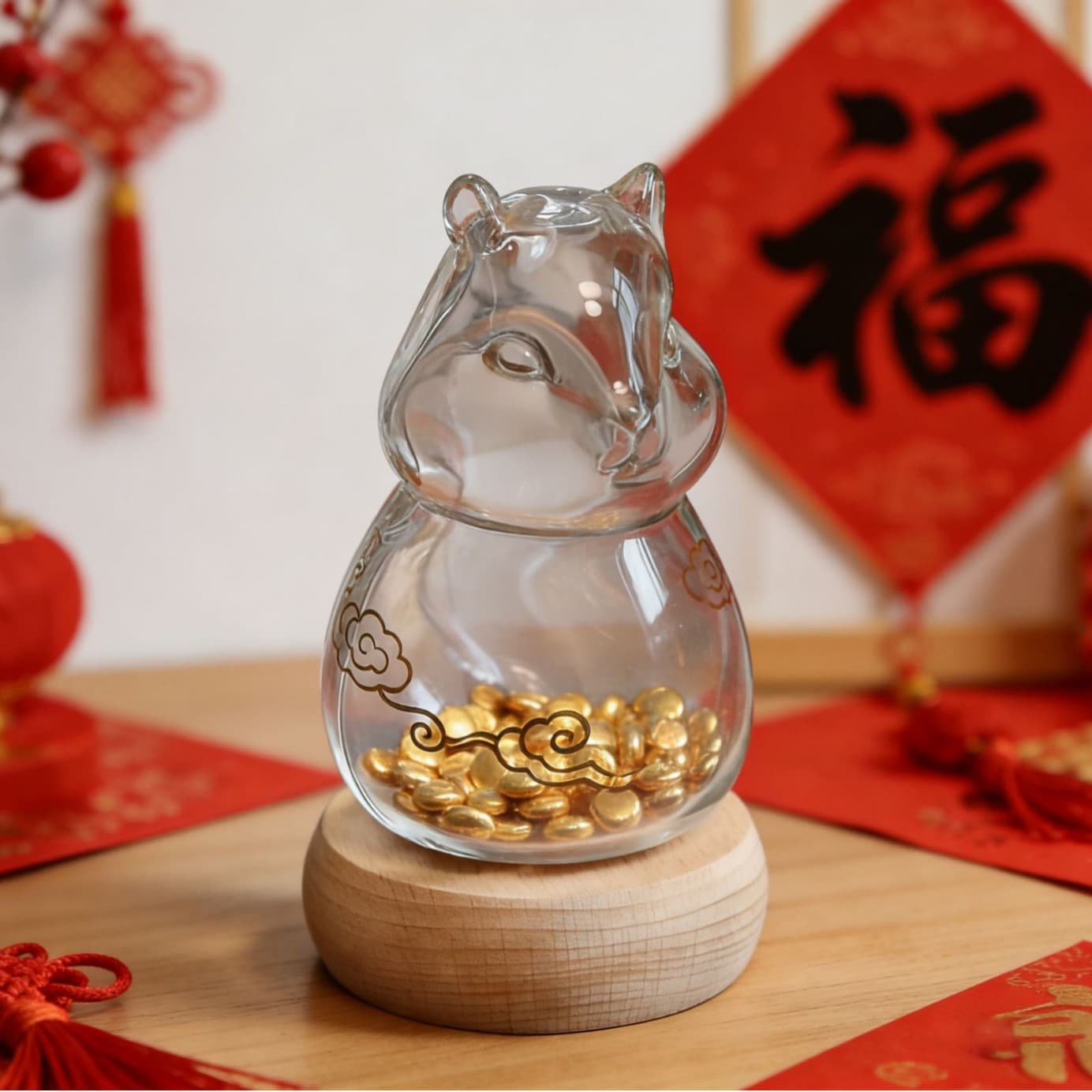 Cute squirrel golden bean jar, golden bean piggy bank, make money immediately, creative New Year work station decoration glass craft