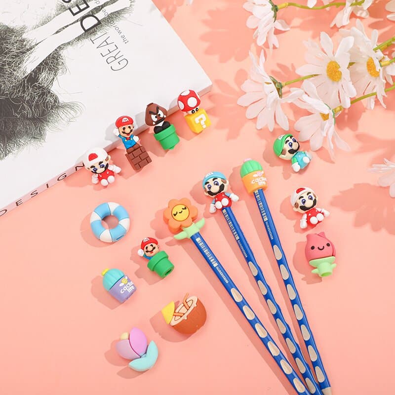 Mario Cartoon Pencil Cap Eco-Friendly PVC Soft Rubber Cute Doll Pen Topper Animal Protective Cover Children's Pencil Cover