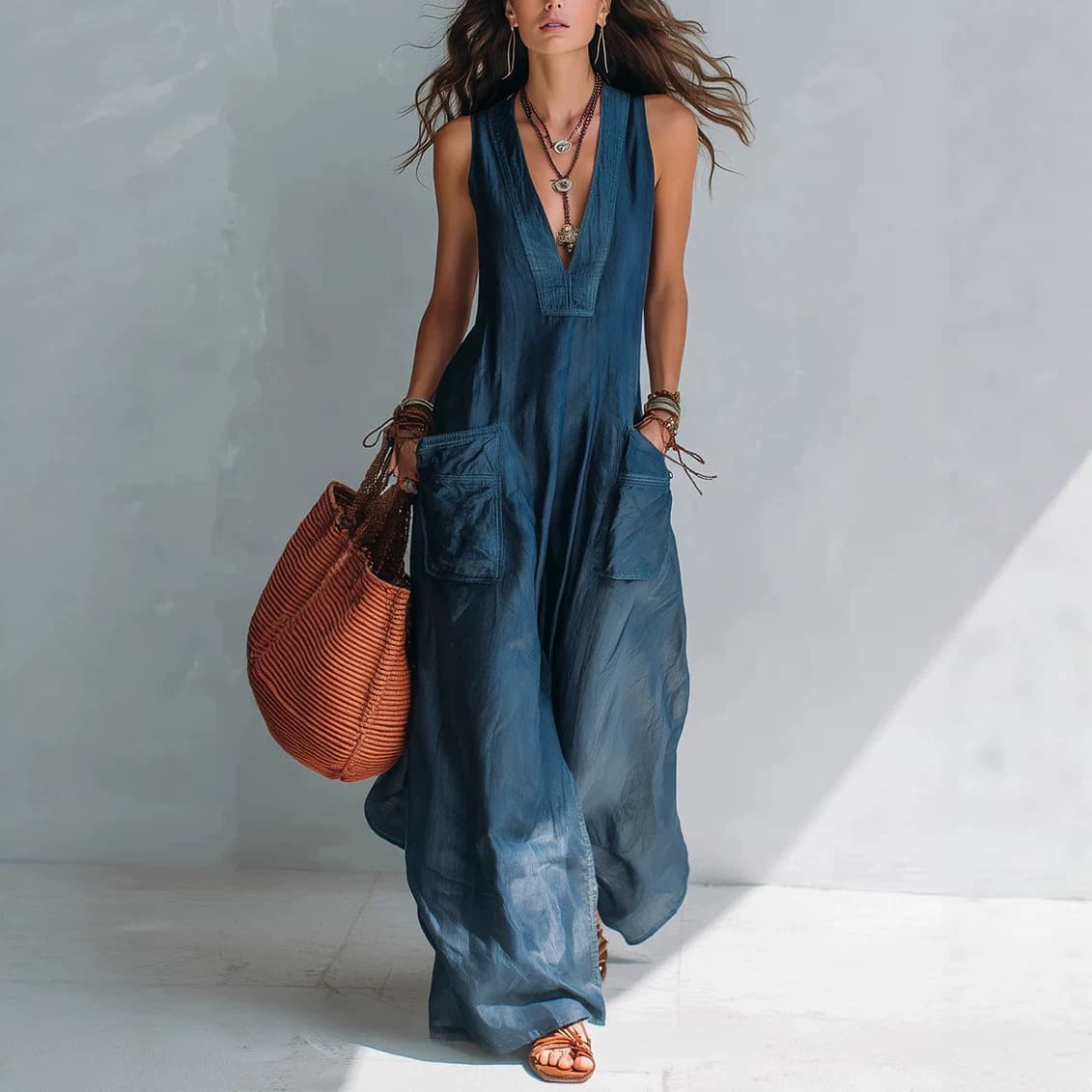 2026 Amazon Cross-border New Style Solid Color V-Neck Loose European and American Style Wide-Leg Jumpsuit with Large Pockets