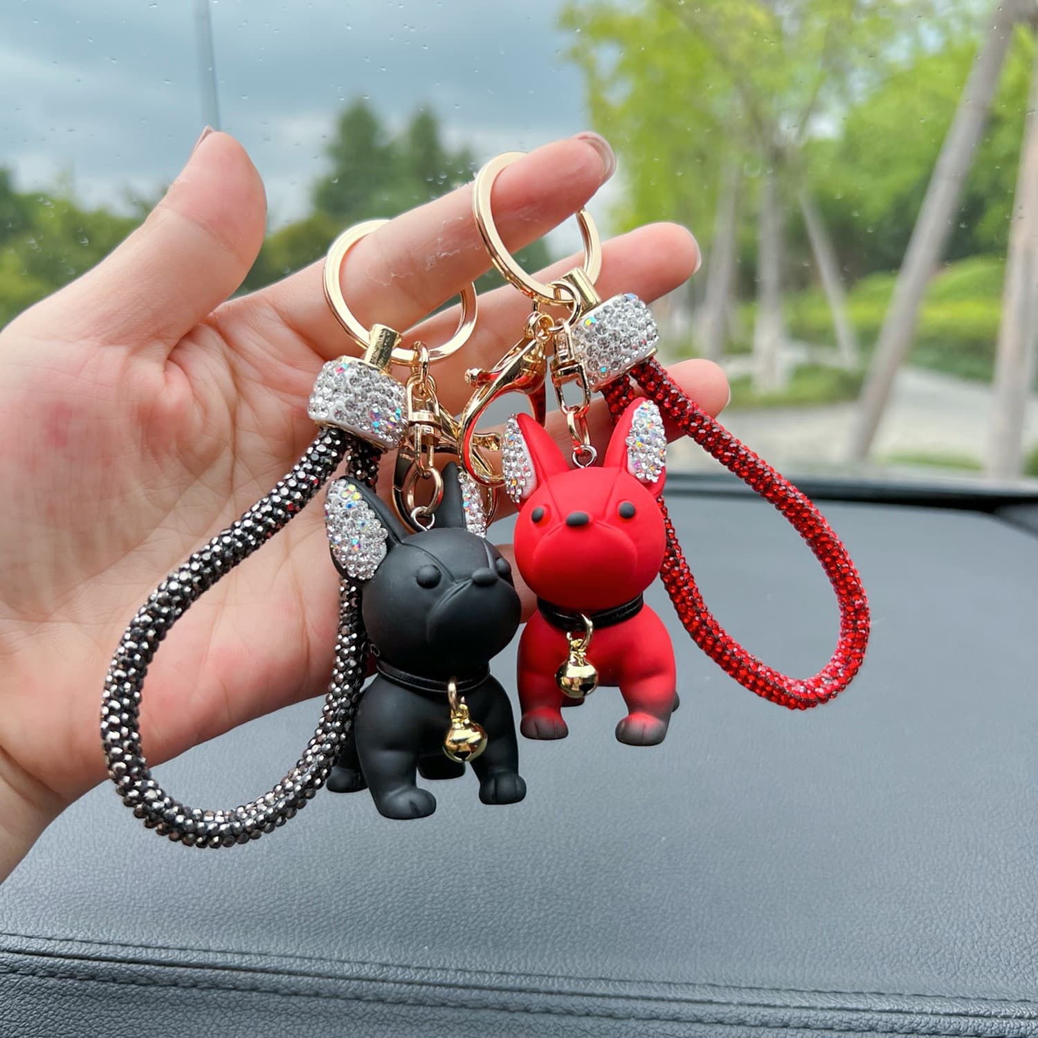 Cute Cartoon Crystal French Bulldog Keychain Accessories Wholesale Creative 3D Figurine Car Keychain Pendant