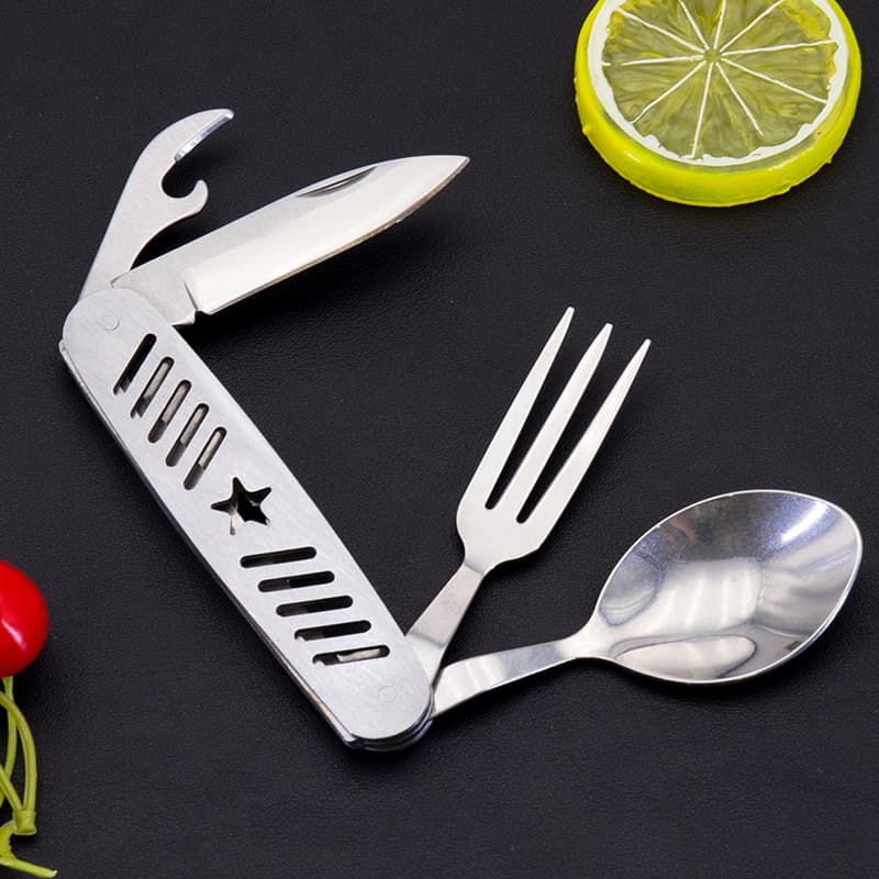 Stainless steel camping folding knife, fork, and spoon set; multi-functional camping knife and fruit knife; new product.