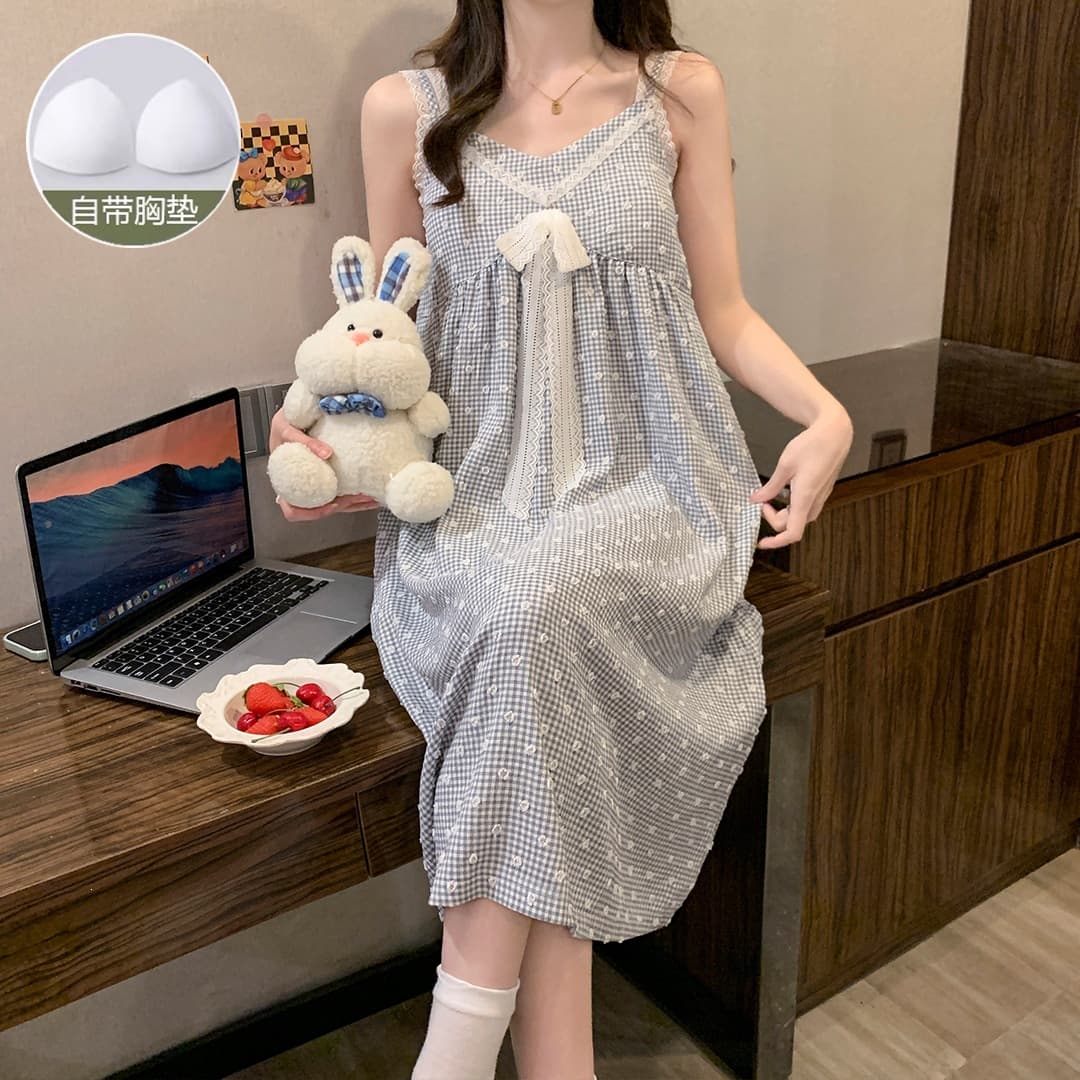 Wholesale New Summer Style Floral Jacquard Lace Bow Fixed Chest Pad Camisole Mid-Length Nightgown