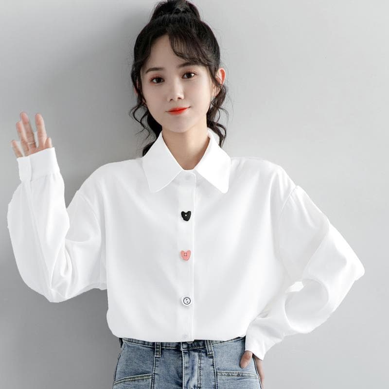 2026 Spring New College Style White Long-Sleeve Blouse for Women, Designer Niche Shirt with Loose Polo Collar Top