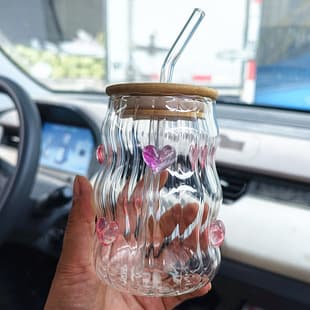 Creative Love Heart Glass Cup Ins Style Water Cup with Lid and Straw Cola Coffee Cup Valentine's Day Cup