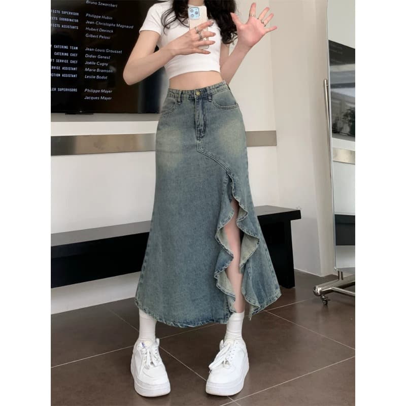 Designer Ruffled Split Denim Skirt for Women New Plus Size Slimming High-Waist Fishtail Bodycon Midi Skirt Fashion