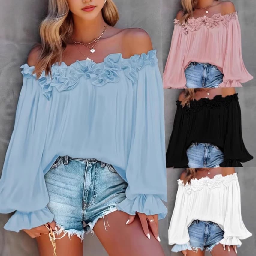 Hot New Arrival Elegant Casual Off-Shoulder Long Sleeve Top Ruffle Sleeve Shirt Loose Plus Size Women's Clothing