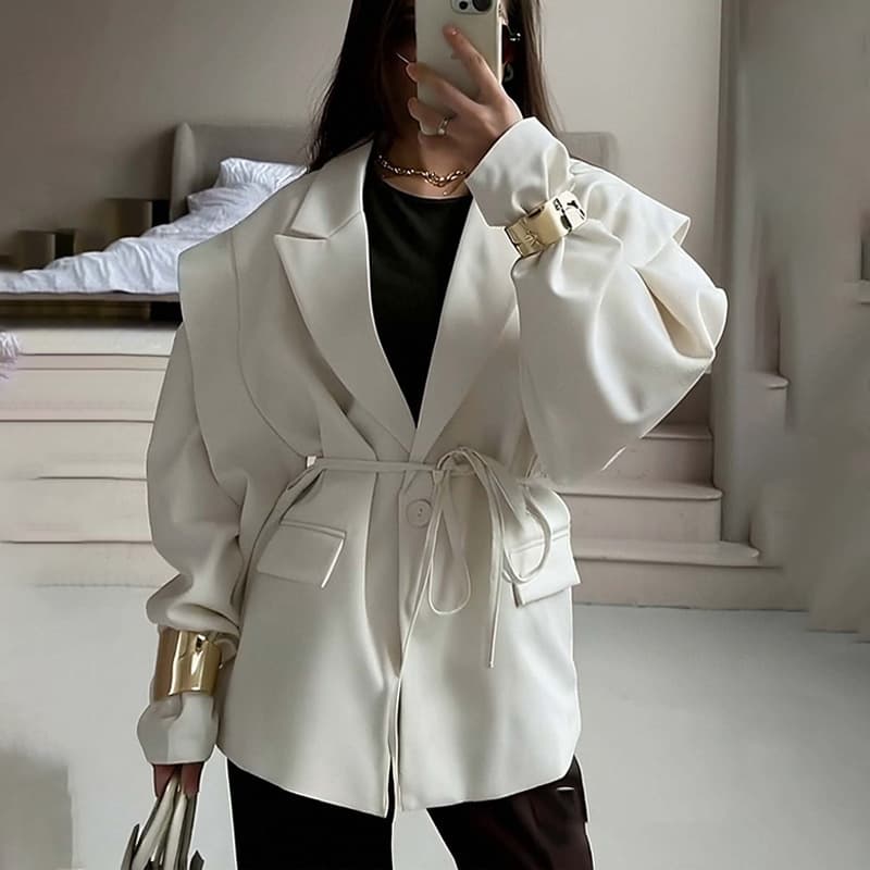 Blazer Women's High-End Feel 2026 Spring/Autumn European and American Women's Fashion Office Wear Cinched Waist Tie Shoulder Pad Blazer