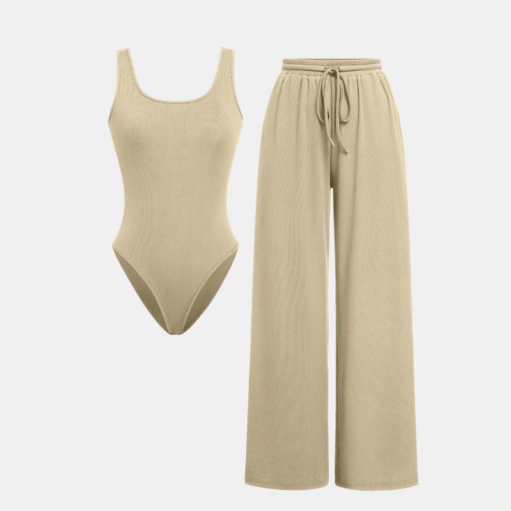 Women's Summer 2024 Sleeveless Vest Jumpsuit with Elastic Waist Wide-Leg Long Pants Casual Two-Piece Set