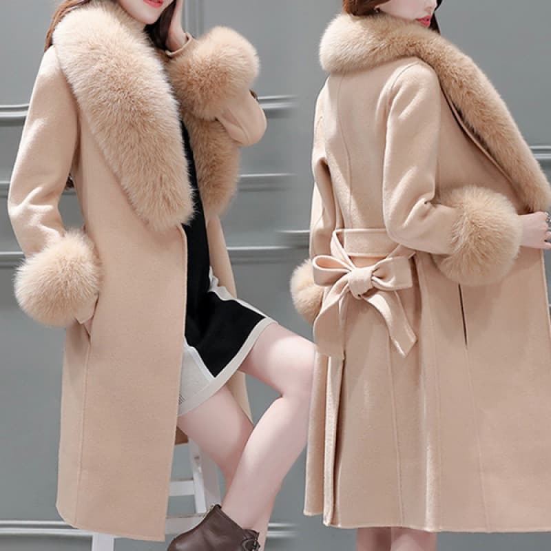 Women's Mid-Length Wool Coat, Korean Style, New Winter Slim Fit with Belt and Detachable Fur Collar