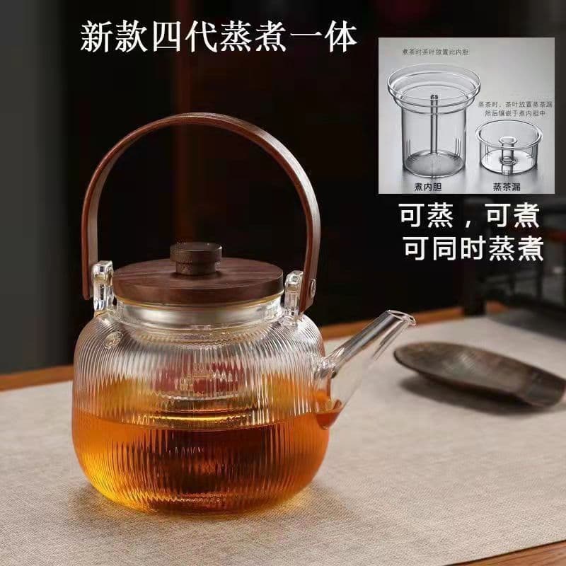 Thickened Walnut Wood Handle Glass Teapot with Dual-use Japanese Style Visible Flame or Electric Stove Heating, Made of High Borosilicate Glass