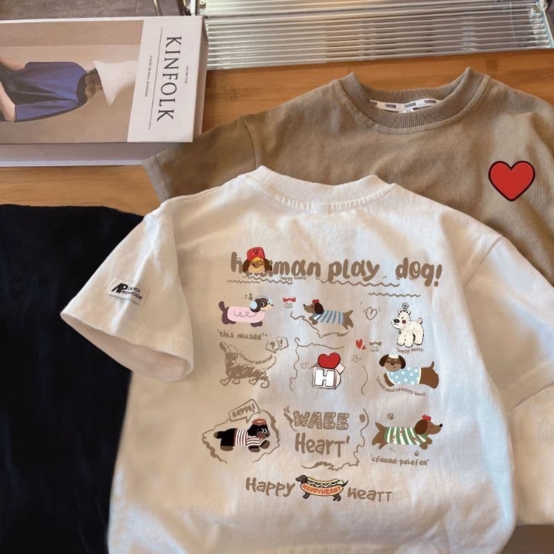 2026 Summer New Kids Short Sleeve Cartoon Dog Print Round Neck Cotton T-Shirt Top for Boys and Girls