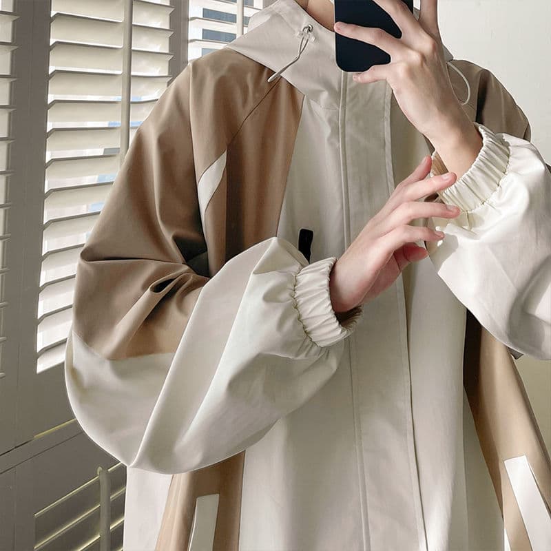 Men's Oversize Color-Blocking Versatile Jacket with Zipper and Hood, Spring/Autumn Windbreaker