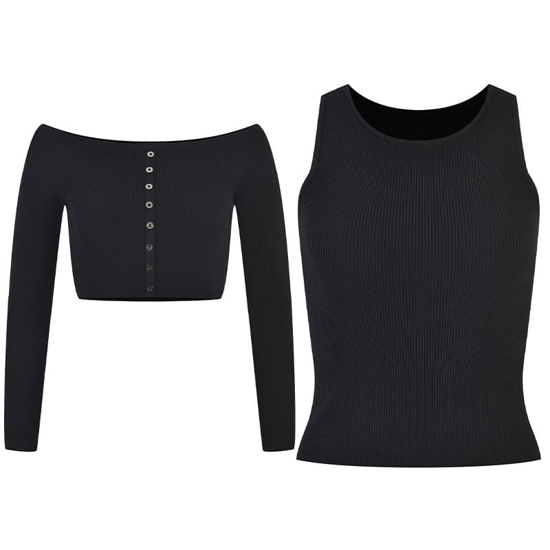 2022 Autumn/Winter New Style Slim Fit Off-Shoulder Single-Breasted Long-Sleeve Knit Top and Sleeveless Vest Two-Piece Set