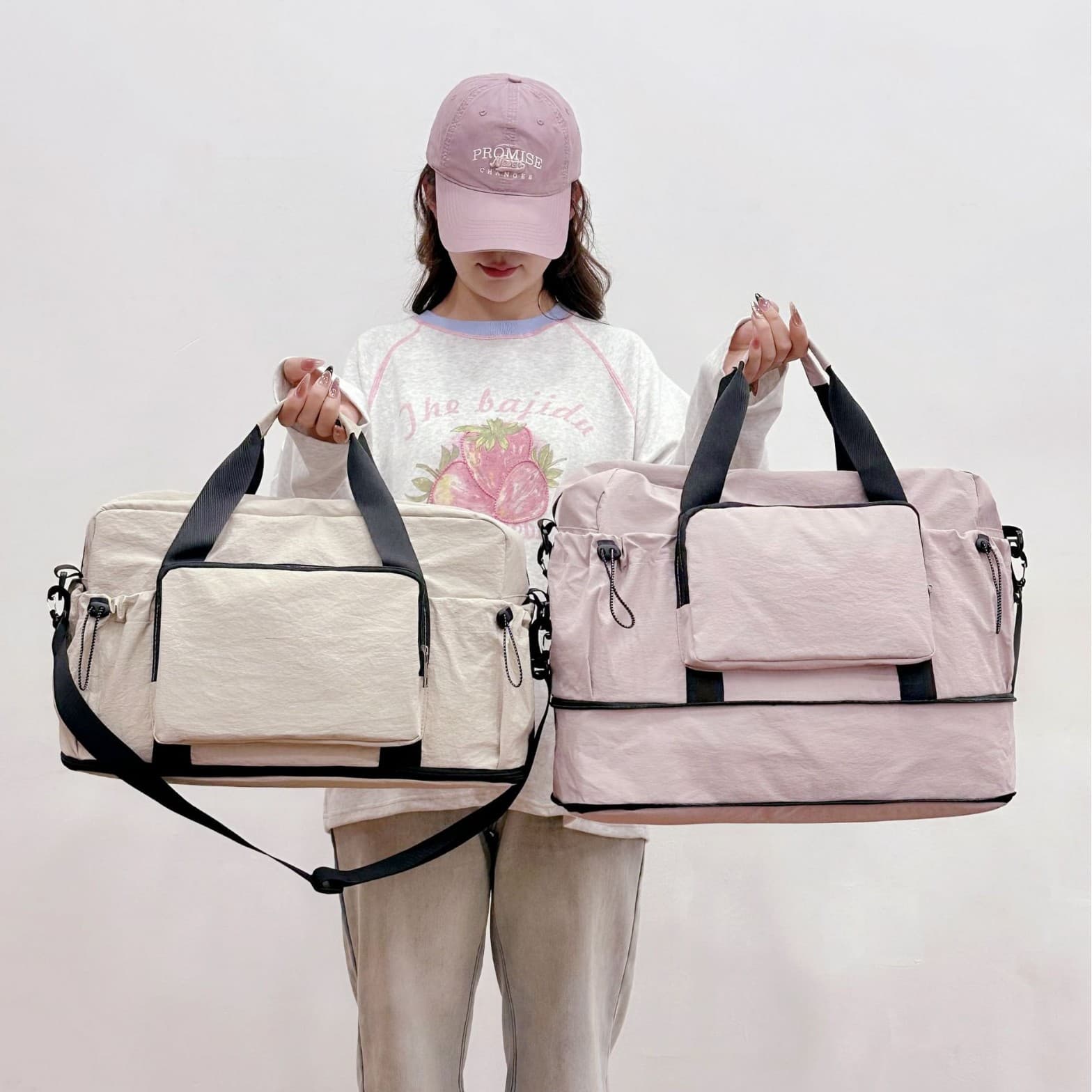 Foldable Large Capacity Travel Bag Women Expandable Wet-Dry Separation Sports Fitness Bag Oxford Fabric Storage Luggage Leisure