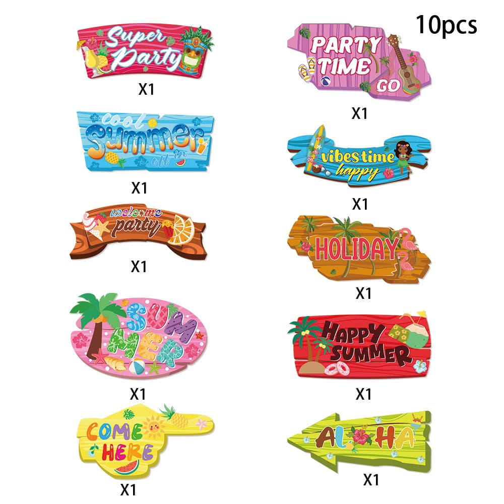 Cross-border New Summer Theme Decorative Sign Lawn Wooden Stake Paper Direction Sign Prop Party Supplies