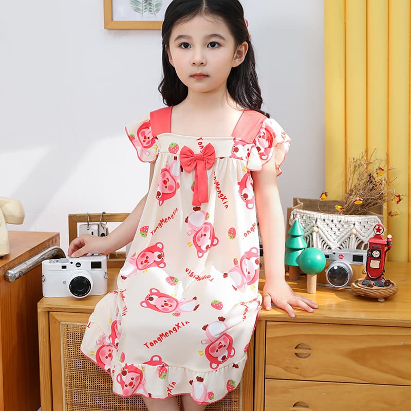 Cotton-style girls' suspender nightgown, children's pajamas, short skirt, summer air-conditioned clothing, girls' dress, loungewear for medium and large children.